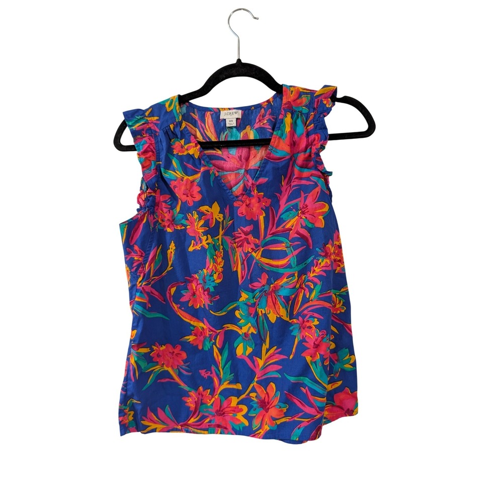 J.Crew Ruffle Trim Blouse Womens XS Blue Floral‎ Tropical V-Neck Sleeveless Top